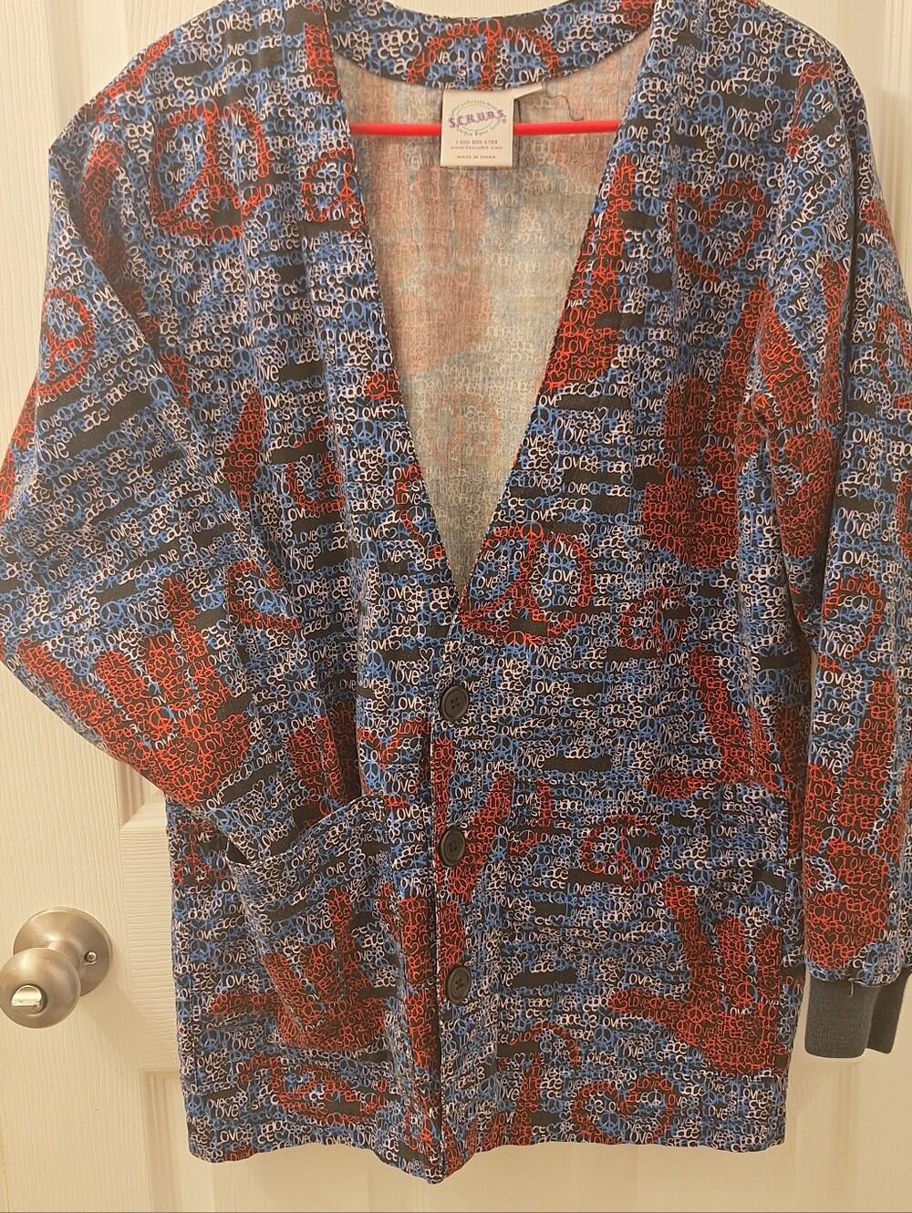 Vintage Blue & Red Printed Button-Front Peace Sing Scrab Jacket Women's XS